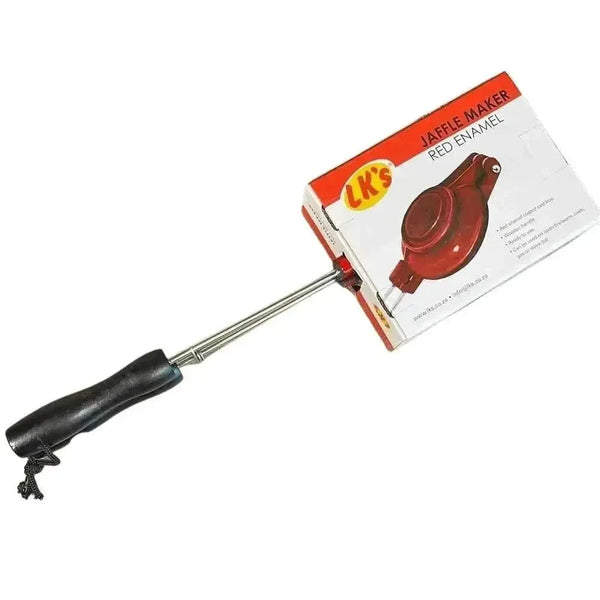 Red enamel LK Jaffle Iron with non-heat handles, aluminium body, 120mm diameter, made in South Africa