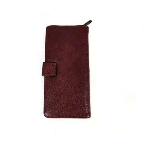 Large maroon PU leather wallet with bronze metal windmill and secure clip closure