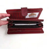 Large maroon PU leather wallet with bronze metal windmill and zip compartment