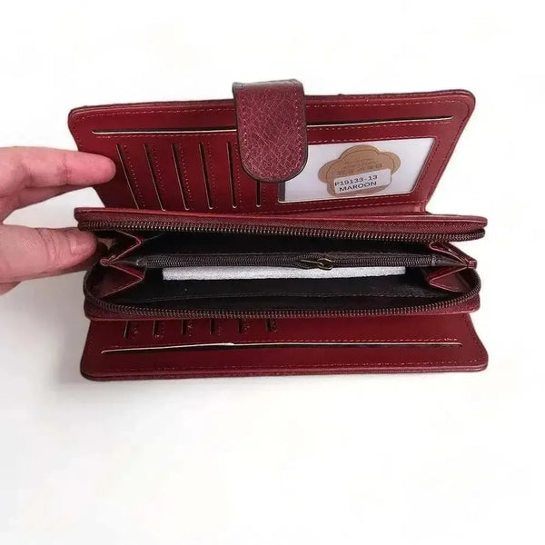 Large maroon PU leather wallet with bronze metal windmill and zip compartment