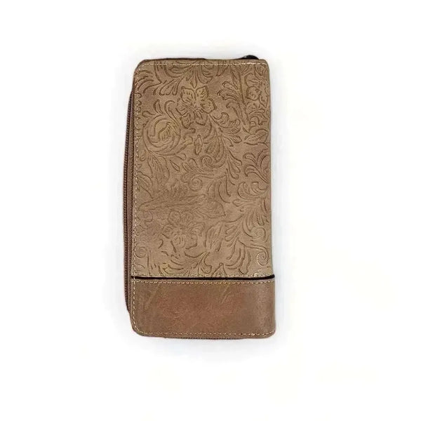 Brown PU leather large wallet with embossed flower design and zip compartment
