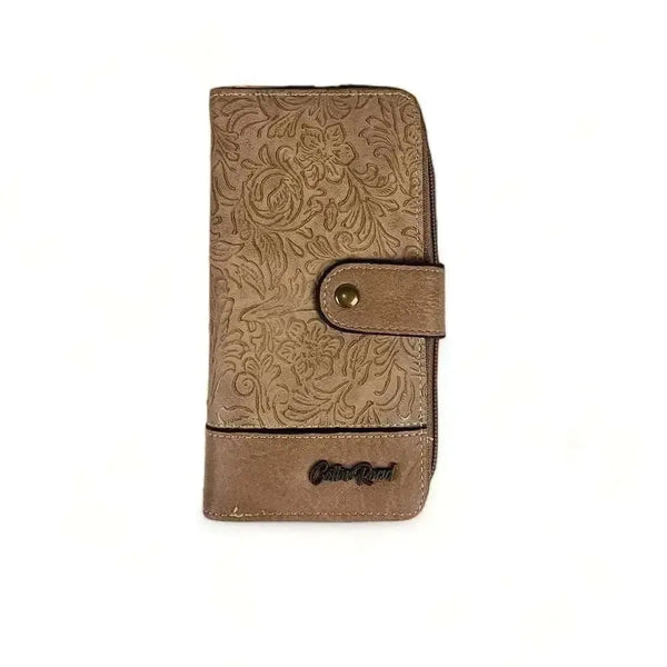 Brown PU leather large wallet with embossed flower design and zip compartment
