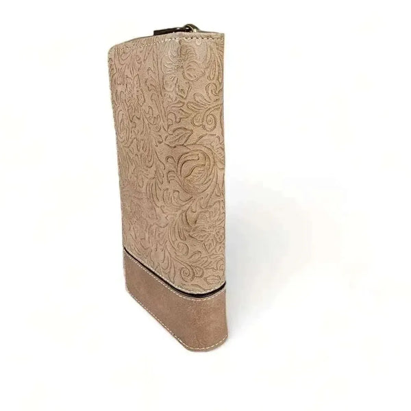 Brown PU Leather Large Wallet with Embossed Flower design and zip compartment
