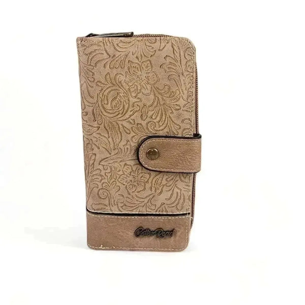 Large Wallet made of brown PU leather with embossed flower design and zip compartment
