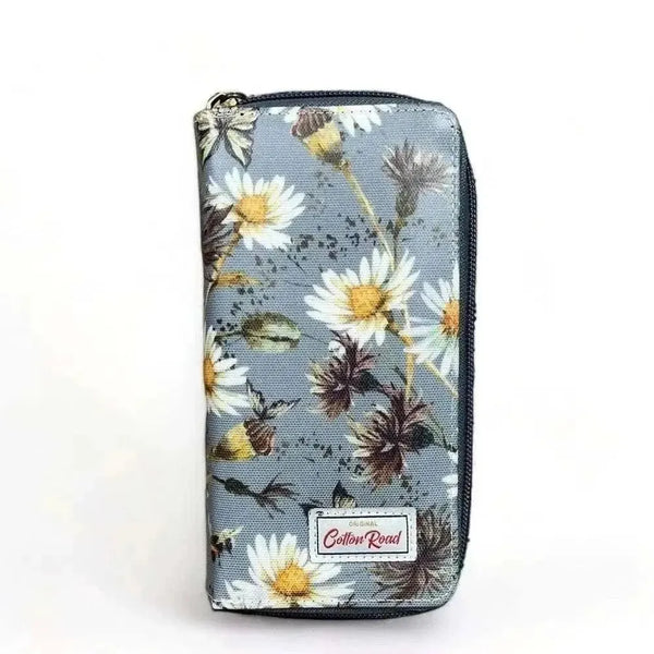 Large Wallet - Grey PVC with daisies and double zip compartments