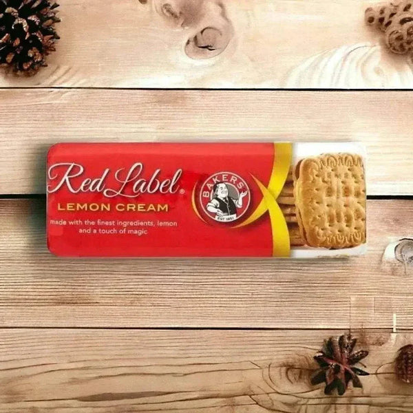 Bakers Red Label Lemon Creams 200g pack on a wooden table