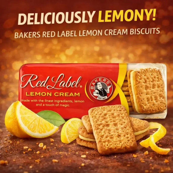 Bakers Red Label Lemon Creams biscuits 200g with tangy lemon cream filling and vanilla exterior