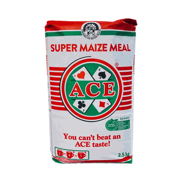 2.5kg ACE Super Maize Meal fortified white maize meal packaging for pap and porridge