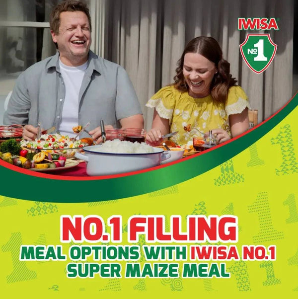 IWISA Maize Meal promotional image showing a joyful couple enjoying a meal outdoors.