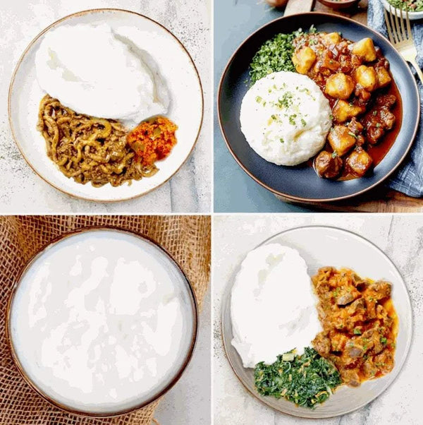 Traditional South African dishes featuring Iwisa Maize Meal served with various sides.