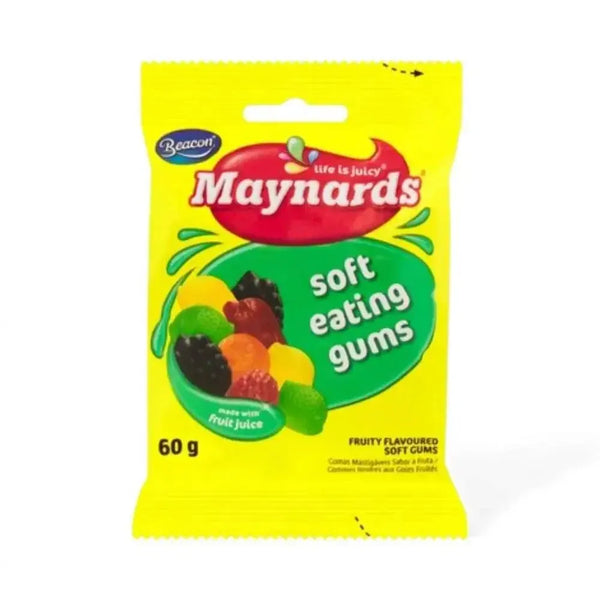 60g pack of Maynards Soft Fruity Gums with real fruit juice and colourful soft texture