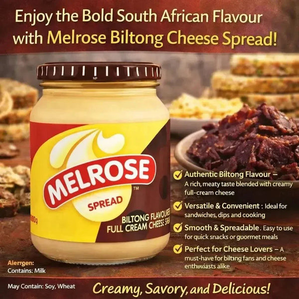Melrose Processed Cheese Spread Biltong Flavour 400g jar on white background