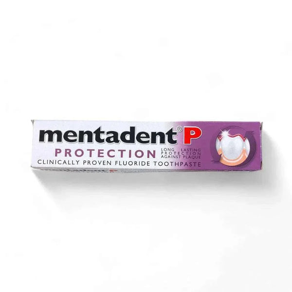 Mentadent P Toothpaste Protection 100ml packaging, clinically proven fluoride formula for plaque and cavity protection.