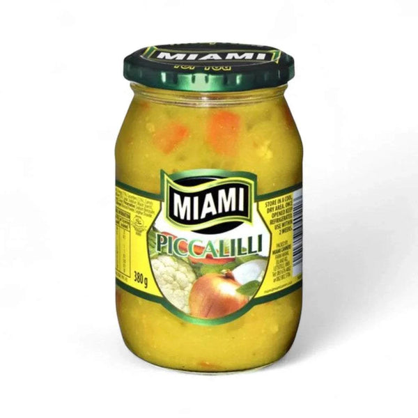 Miami Piccalilli Relish 380g jar with chunky vegetables in tangy mustard sauce, a South African classic condiment.