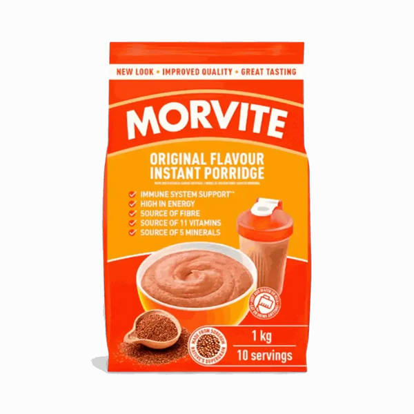 Morvite Original Flavour Instant Porridge 1kg pack with bowl of porridge and shaker, high energy and immune support, made from sorghum