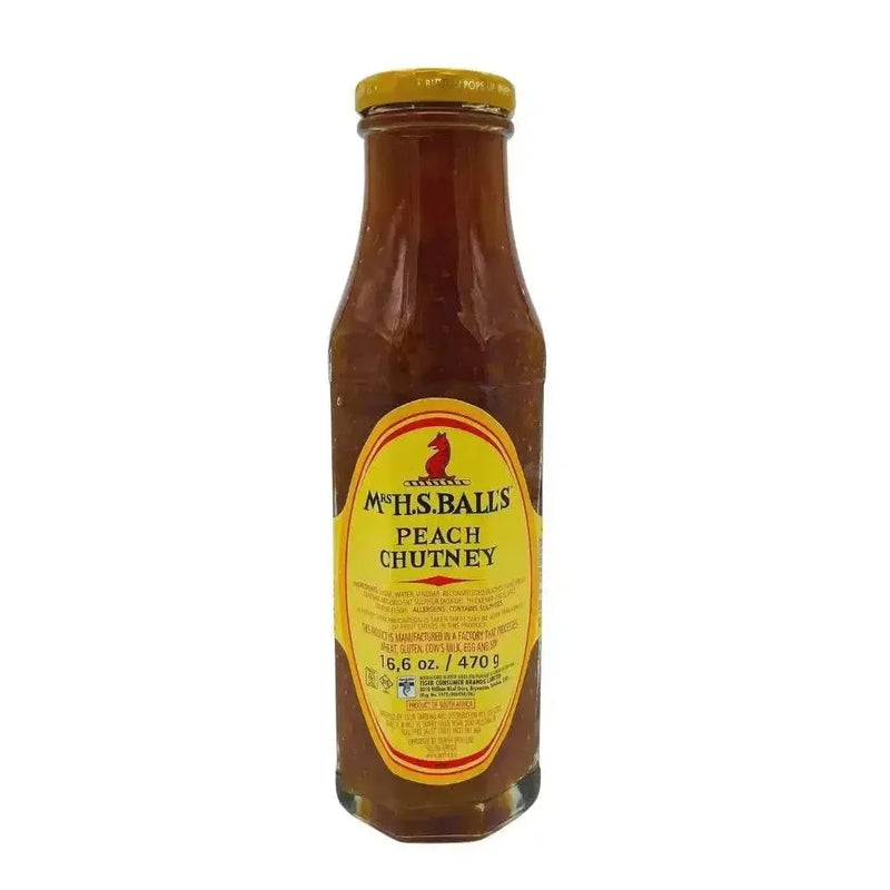Mrs Balls Peach Chutney 470g jar with sweet, tangy South African fruit chutney