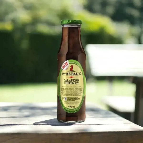 Mrs Balls Sauce Jalapeno 470g bottle with jalapeno pepper and spices for South African cuisine