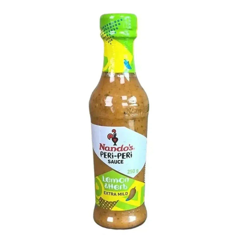 Nando's Peri Peri Lemon & Herb Sauce 250g bottle for spicy grilled chicken and vegetables