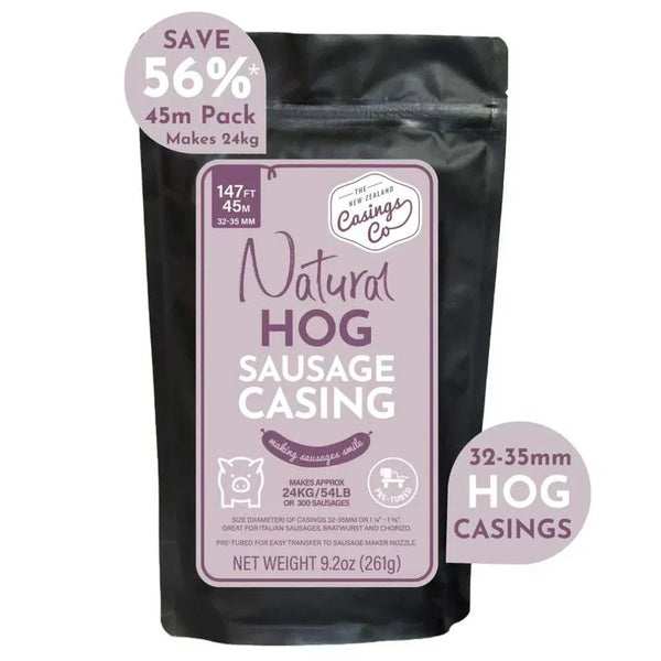 Natural hog casings 32-35mm, 45m pack, suitable for making Boerewors NZ, sausage casing product.