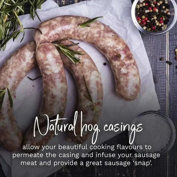 Natural Hog Casings 32-35mm for making plump, flavorful sausages with great texture and juiciness