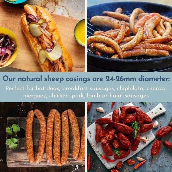 Natural sheep casings 24-26mm sausage variety, perfect for hot dogs, breakfast sausages, chorizo.