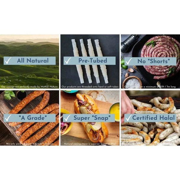 Natural sheep casings 24-26mm, 70m pack, A Grade, all natural, pre-tubed, no shorts, certified halal, for sausage making.