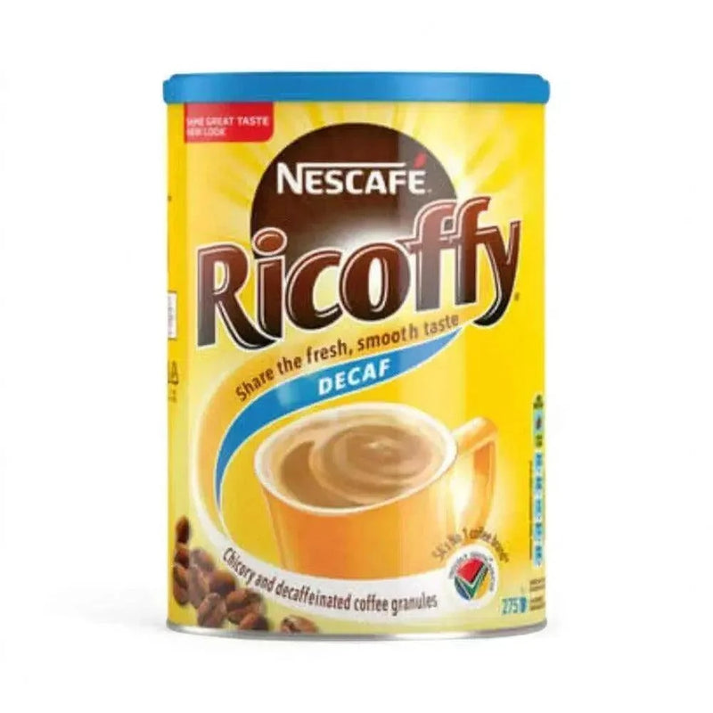 Nescafe Coffee Ricoffy Decaf 750g tin with smooth, caffeine-free chicory blend