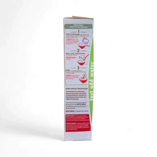 Nestlé Cerelac Baby Cereal mixed fruit 200g packaging side with preparation instructions and green "just add water" label