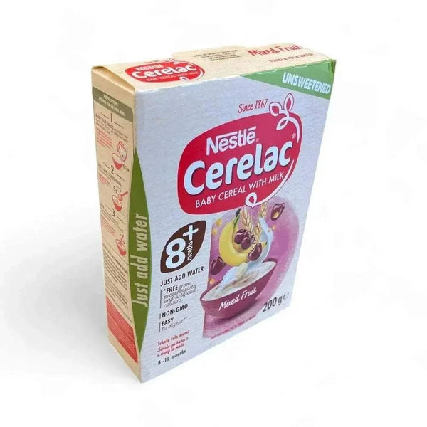 Nestlé Cerelac Baby Cereal with Milk Mixed Fruit 200g pack showing nutritious infant cereal with banana, cherry, and pineapple flavors