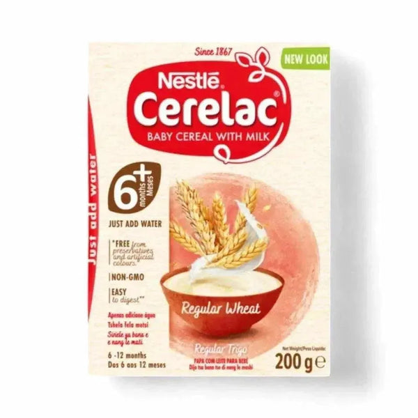 Nestle Cerelac Baby Cereal with Milk Regular Wheat packaging, 200g, suitable for 6-12 months, easy preparation.