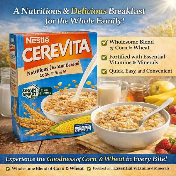 Nestle Cerevita Nutritious Instant Cereal (Corn & Wheat) 500g pack for a quick, nutritious Zimbabwean breakfast.