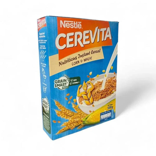 Nestle Cerevita Nutritious Instant Cereal Corn & Wheat 500g packaging with bowl of cereal.