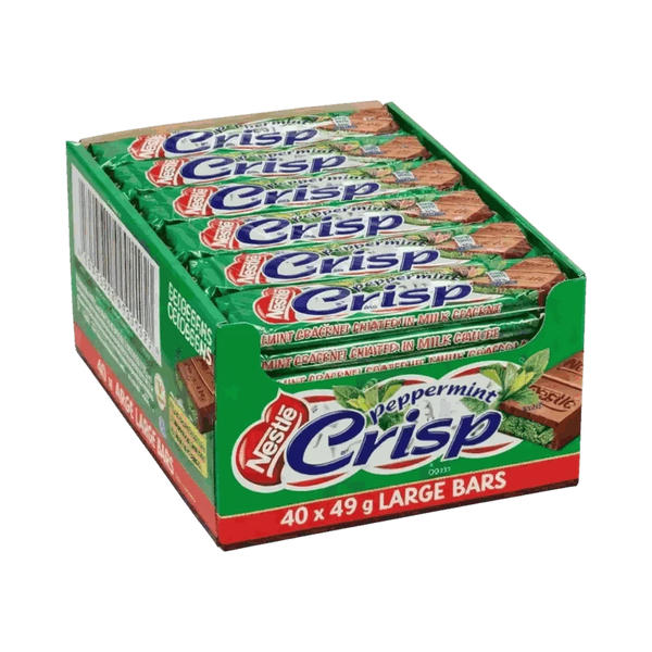 Nestle Peppermint Crisp chocolate bars pack of 40 x 49g with mint-flavored cracknel filling