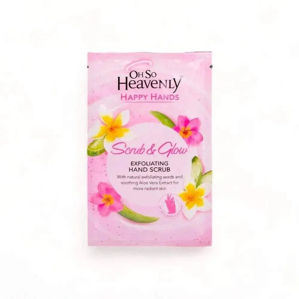 Oh So Heavenly Happy Hands Scrub exfoliating hand scrub with aloe vera, strawberry seeds, pumice, and hyaluronic acid for radiant, smooth skin