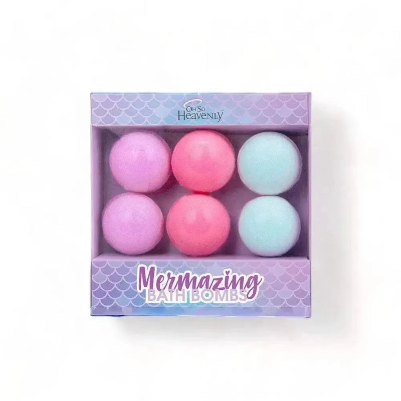 Oh So Heavenly Mermazing Bath Bombs set with green apple, strawberry, and milk & honey scents, vegan and cruelty-free