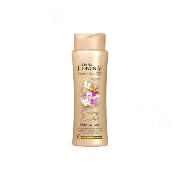 Oh So Heavenly Mum & Cherub creamy comfort body lotion bottle with floral design for pregnancy skincare