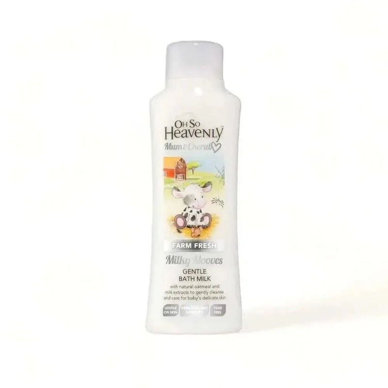 Oh So Heavenly Mum & Cherub Farm Fresh Milky Mooves Gentle Bath Milk 750ml bottle with creamy foamy bath milk and natural ingredients for baby skin care