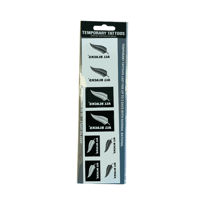Pack of Olive temporary tattoos featuring official All Blacks silver fern and logo designs