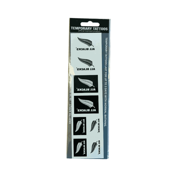 Pack of Olive temporary tattoos featuring official All Blacks silver fern and logo designs