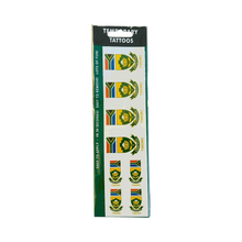 Olive temporary tattoo strips featuring South Africa Cricket emblem and flag designs