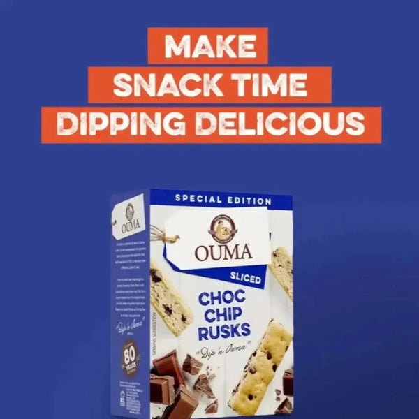 Ouma Rusk Choc Chip Sliced 450g packaging for coffee snack