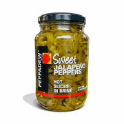 Jar of Peppadew Sweet Jalapeno Peppers Hot Slices in Brine 400g for mild spicy flavor