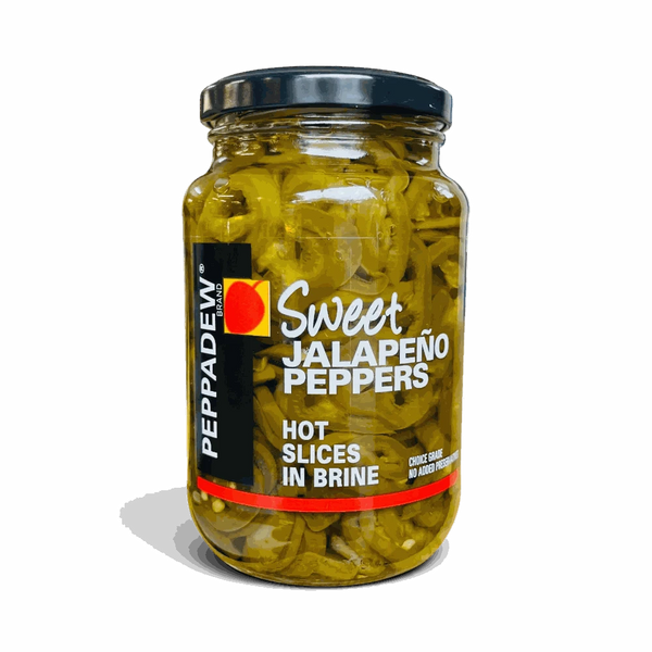 Jar of Peppadew Sweet Jalapeno Peppers Hot Slices in Brine 400g for mild spicy flavor