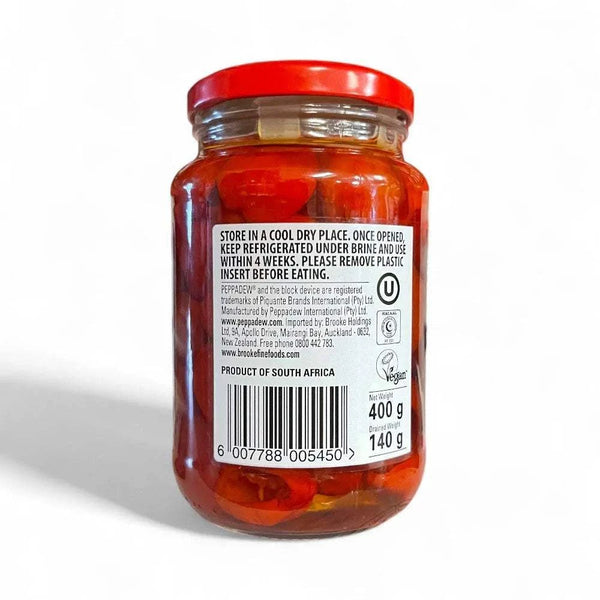 Jar of PEPPADEWS Sweet Piquante Peppers hot whole packed in brine, 400g, vegan certified, product of South Africa.