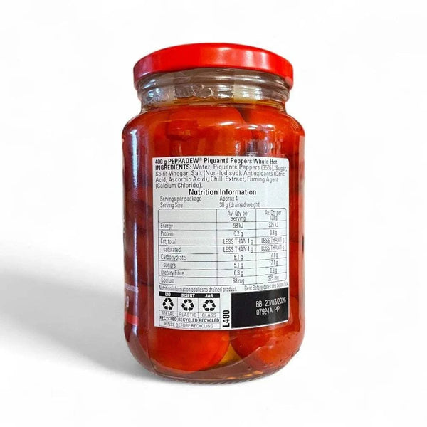 Jar of PEPPADEWS Sweet Piquante Peppers hot whole in brine, 400g with red lid and nutrition label