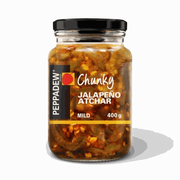Peppadew Atchar Jalapeno Mild 400g glass jar with chunky jalapeño pieces and mild heat