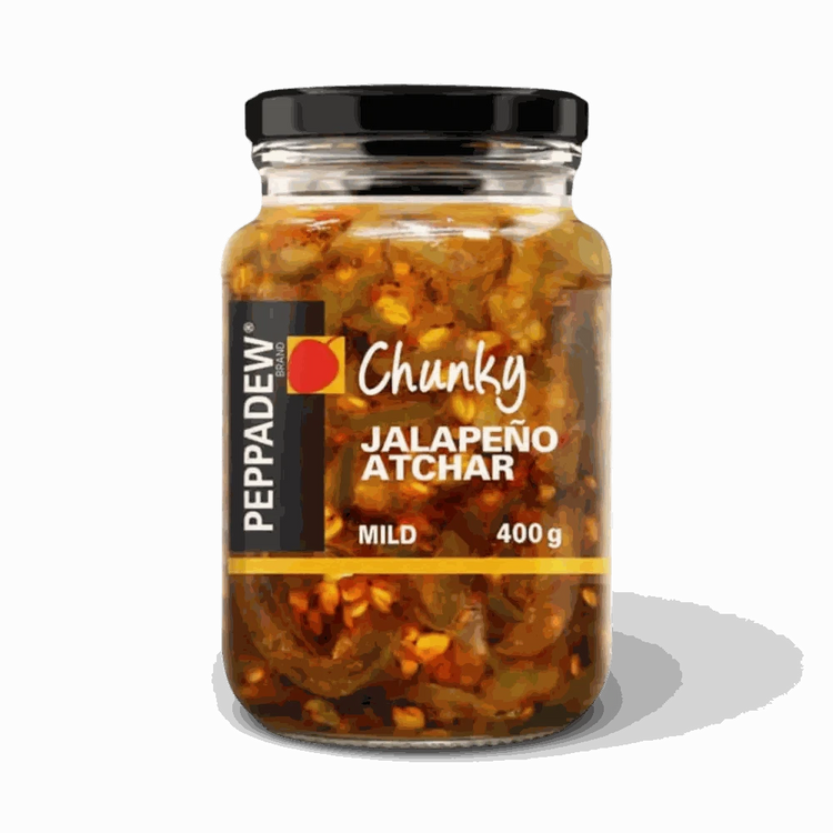 Peppadew Atchar Jalapeno Mild 400g glass jar with chunky jalapeño pieces and mild heat