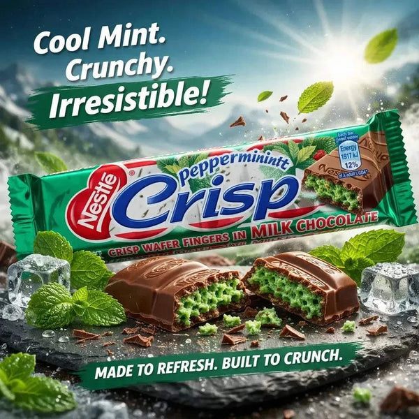 Nestle Peppermint Crisp 49g chocolate bar with mint-flavored cracknel filling