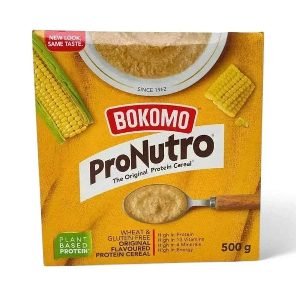 Bokomo ProNutro Original 500g protein cereal packaging with nutrition info