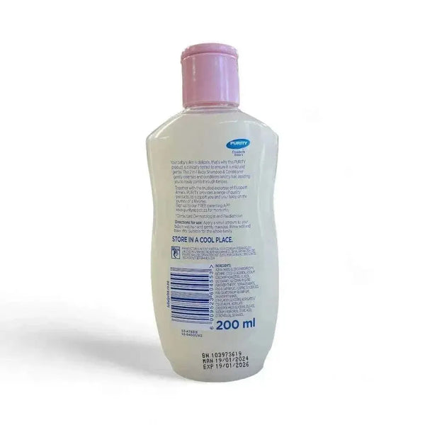 Purity & Elizabeth Anne's 2 in 1 baby shampoo and conditioner bottle 200ml for gentle, tear-free hair care